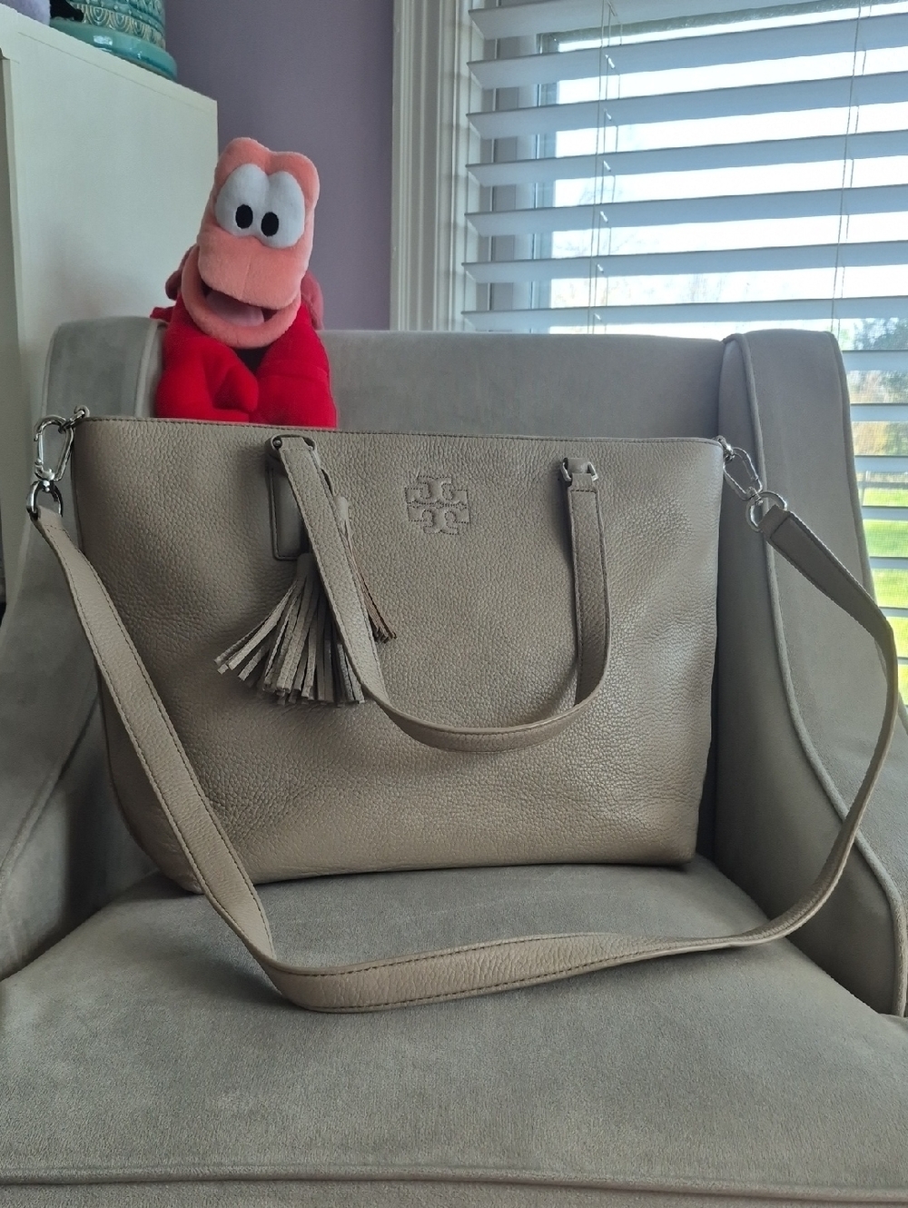 TORY BURCH Thea Pebbled Leather Taupe Tote with Tassel